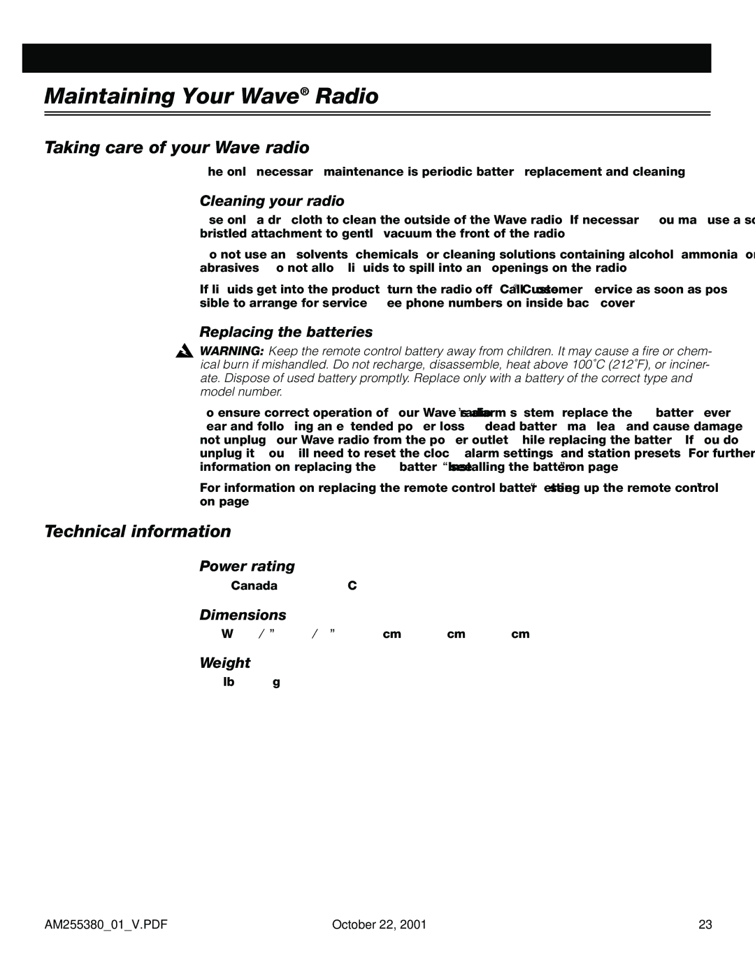 Bose WRV5 manual Maintaining Your Wave Radio, Taking care of your Wave radio, Technical information 