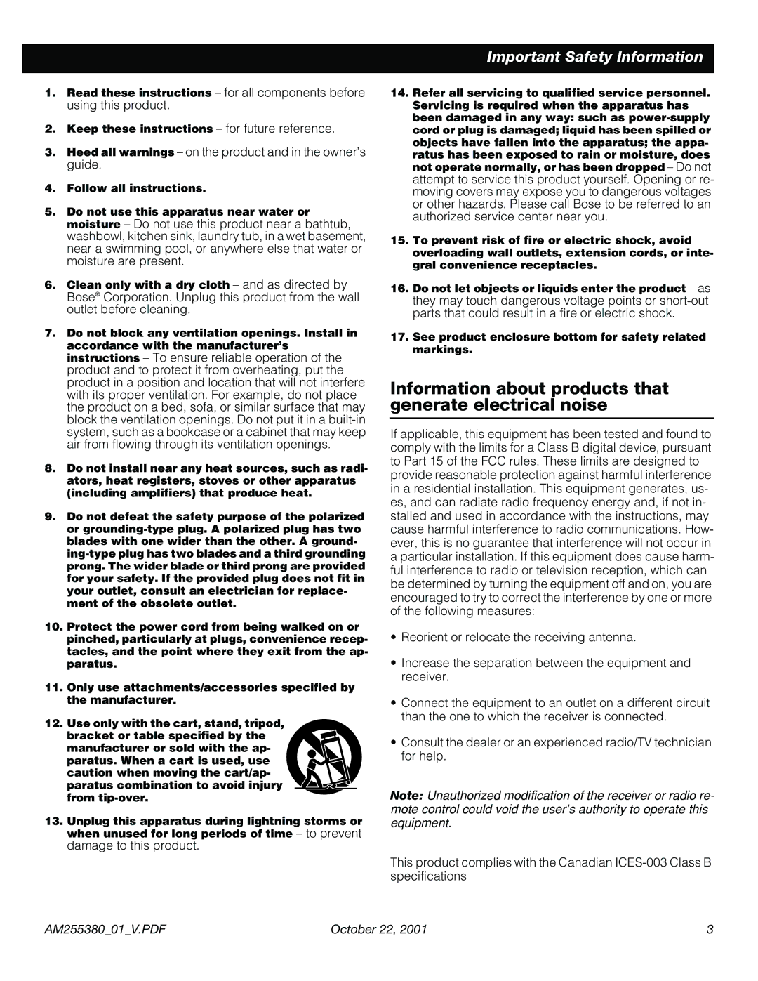 Bose WRV5 manual Information about products that generate electrical noise 