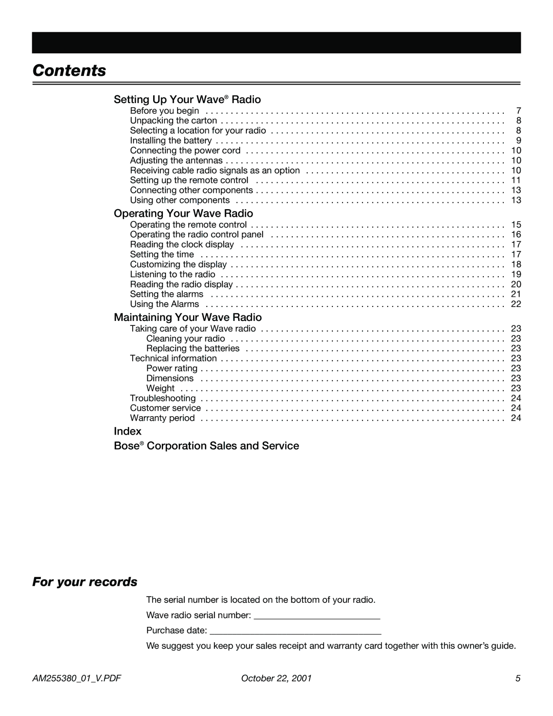 Bose WRV5 manual Contents 