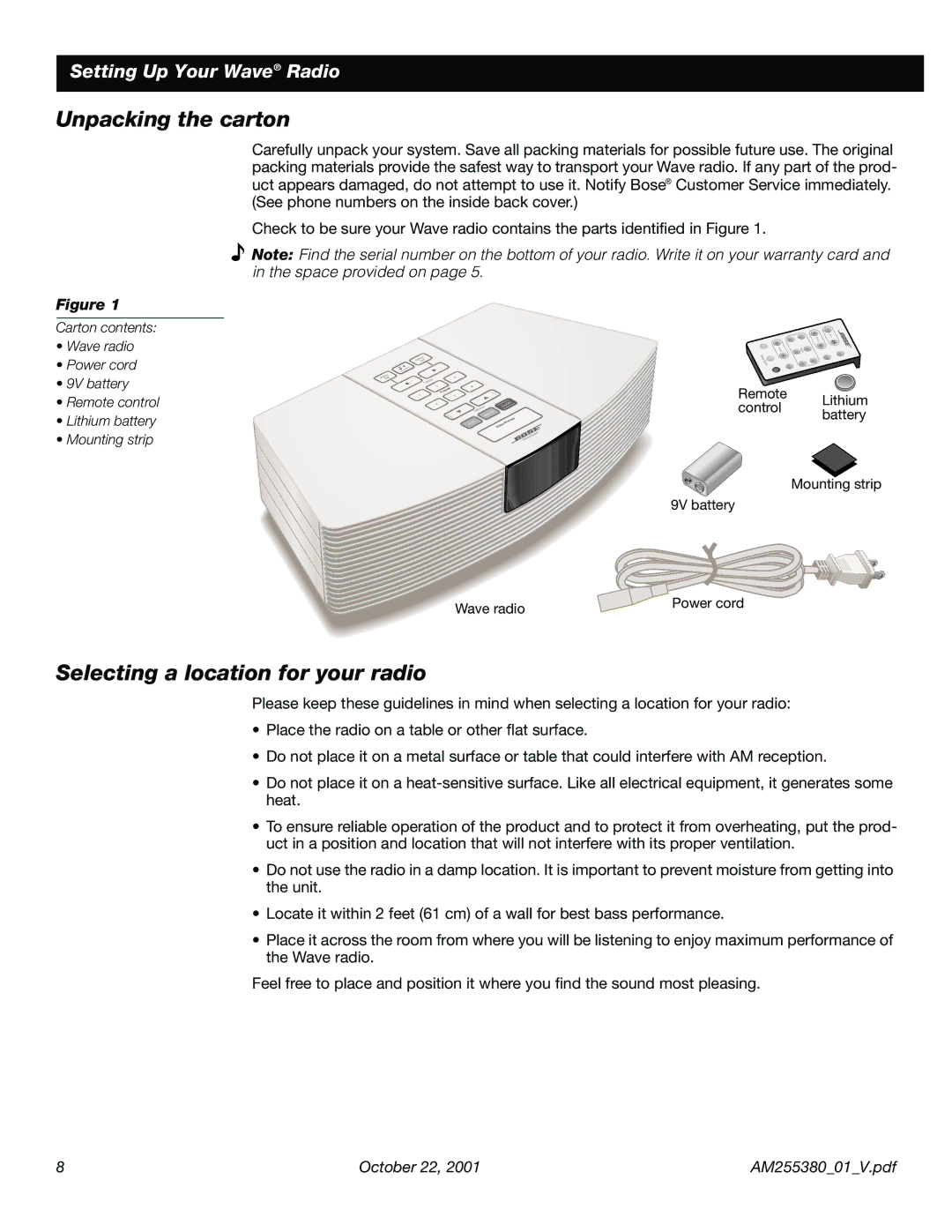 Bose WRV5 manual Unpacking the carton, Selecting a location for your radio 