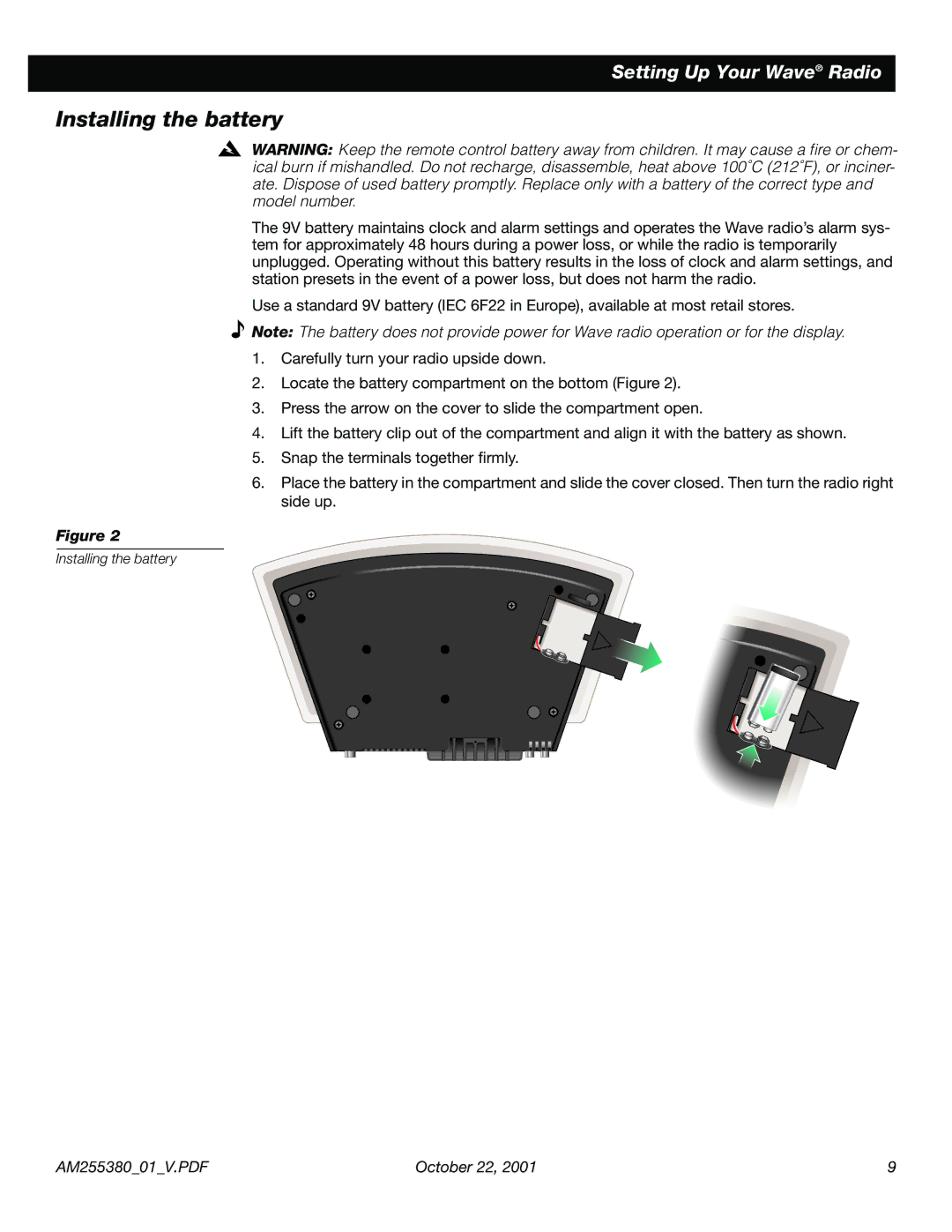 Bose WRV5 manual Installing the battery 