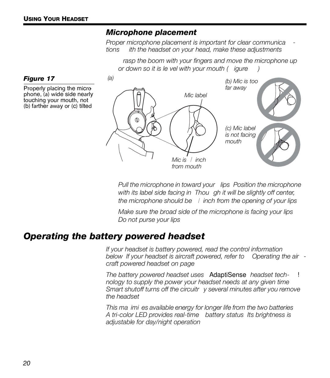 Bose X manual Operating the battery powered headset, Microphone placement 