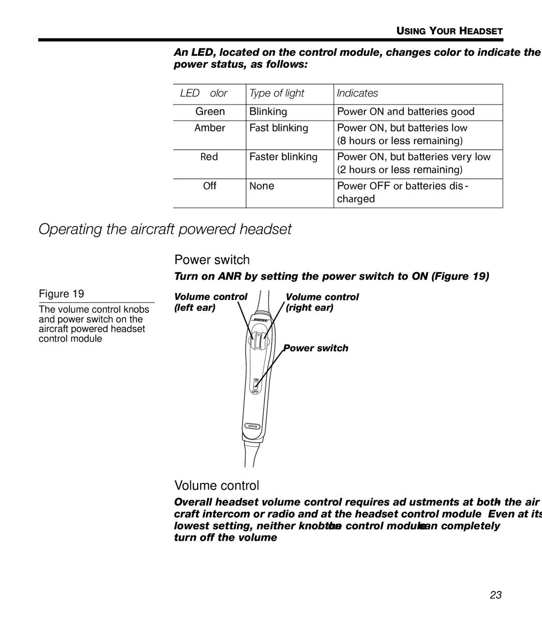 Bose X manual Operating the aircraft powered headset, Power switch 