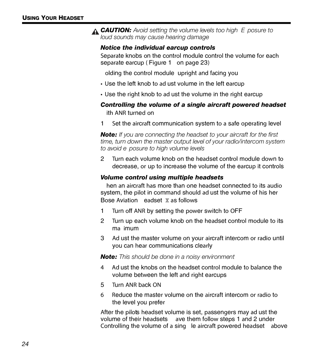 Bose X manual Controlling the volume of a single aircraft powered headset 