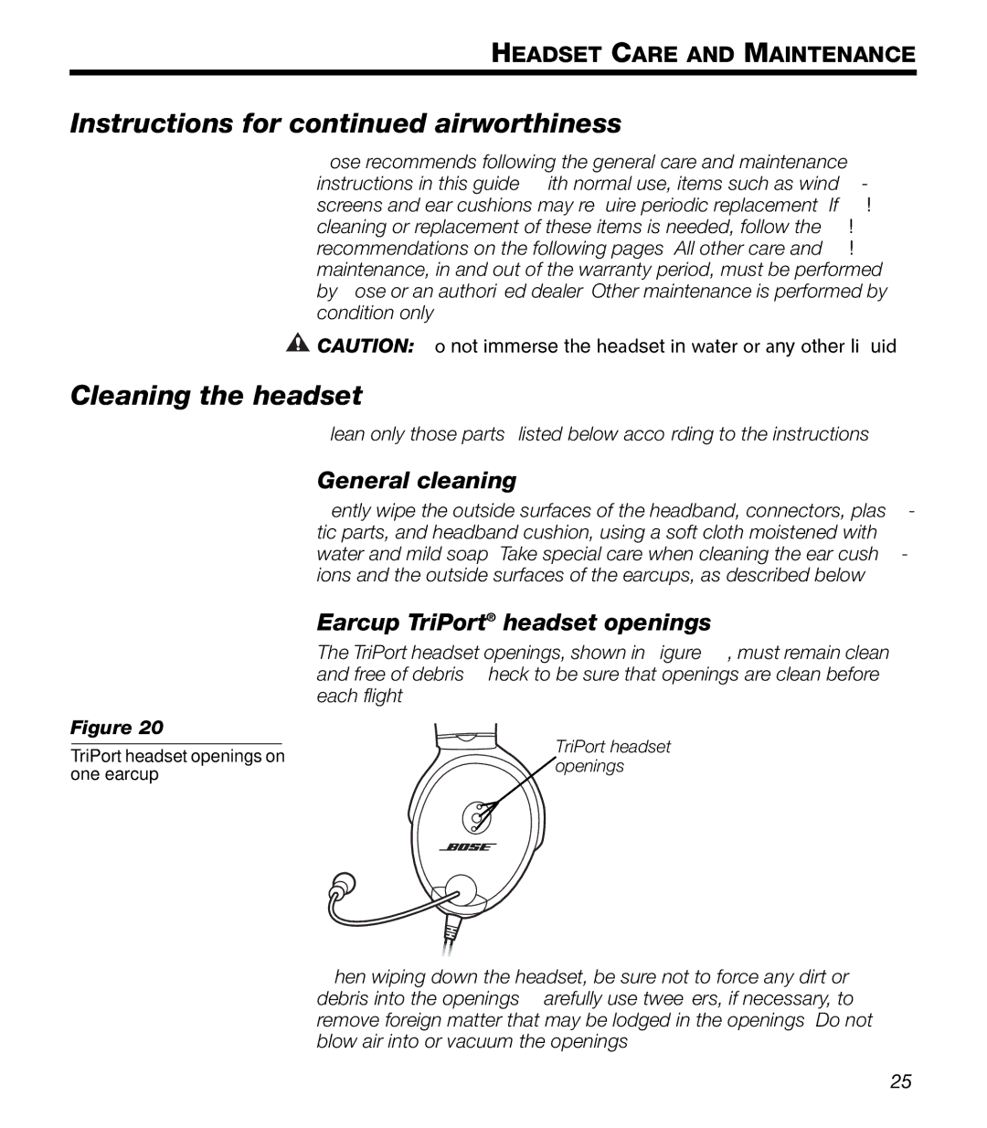 Bose X manual Instructions for airworthiness, Cleaning the headset, General cleaning, Earcup TriPort headset openings 