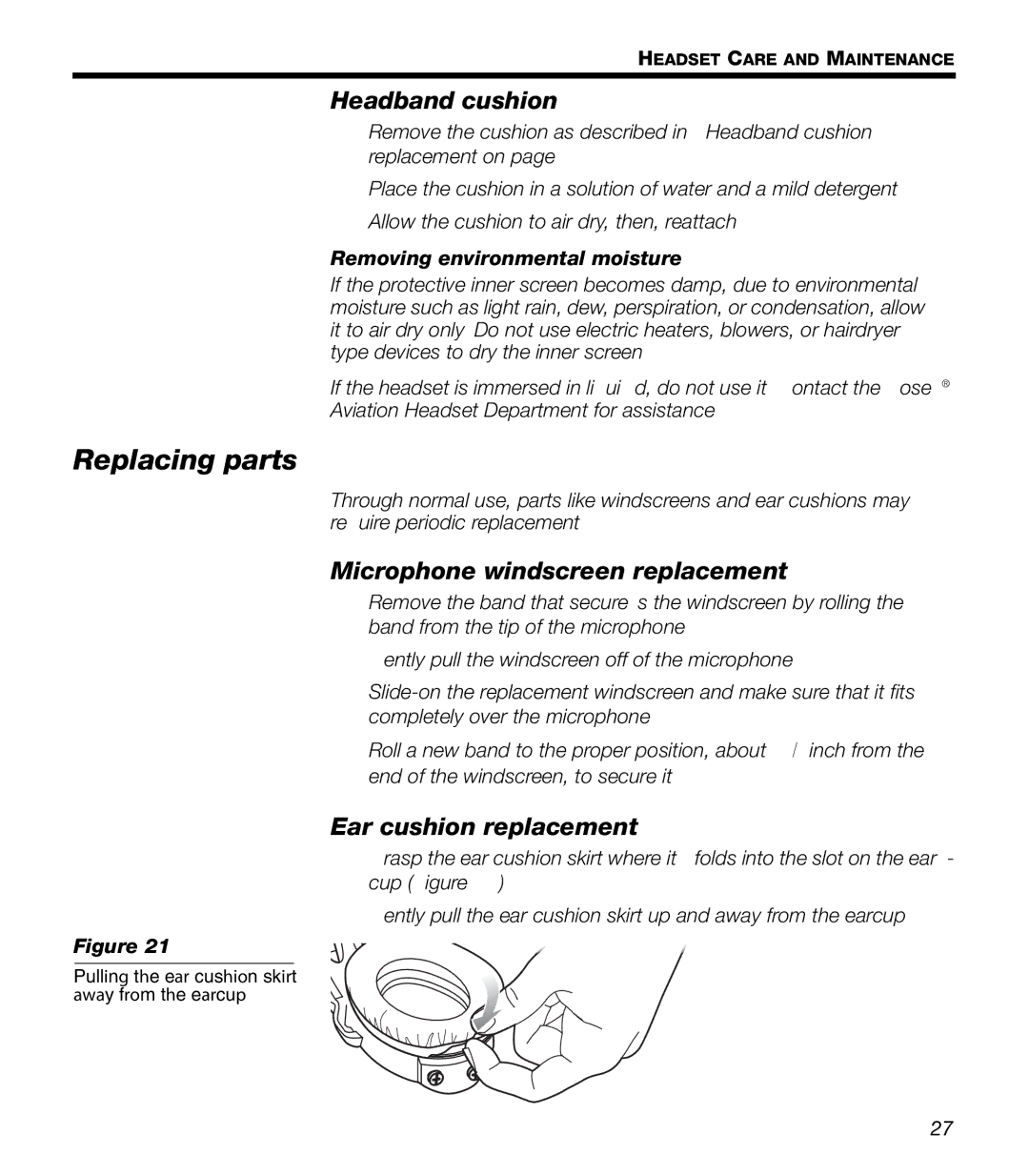 Bose X manual Replacing parts, Headband cushion, Microphone windscreen replacement, Ear cushion replacement 