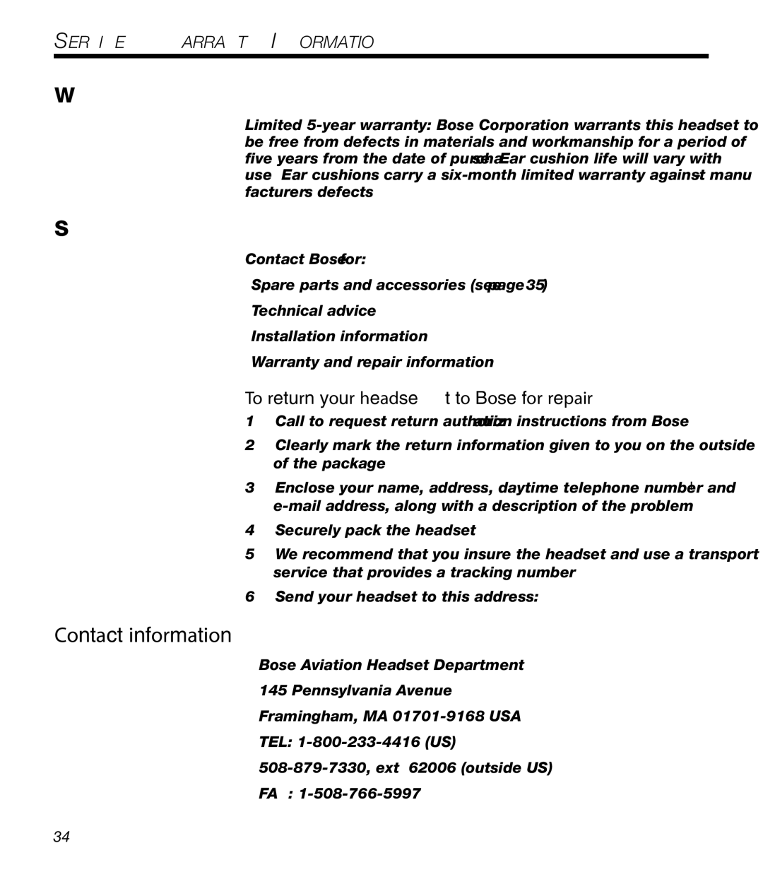 Bose X manual Contact information, To return your headset to Bose for repair 