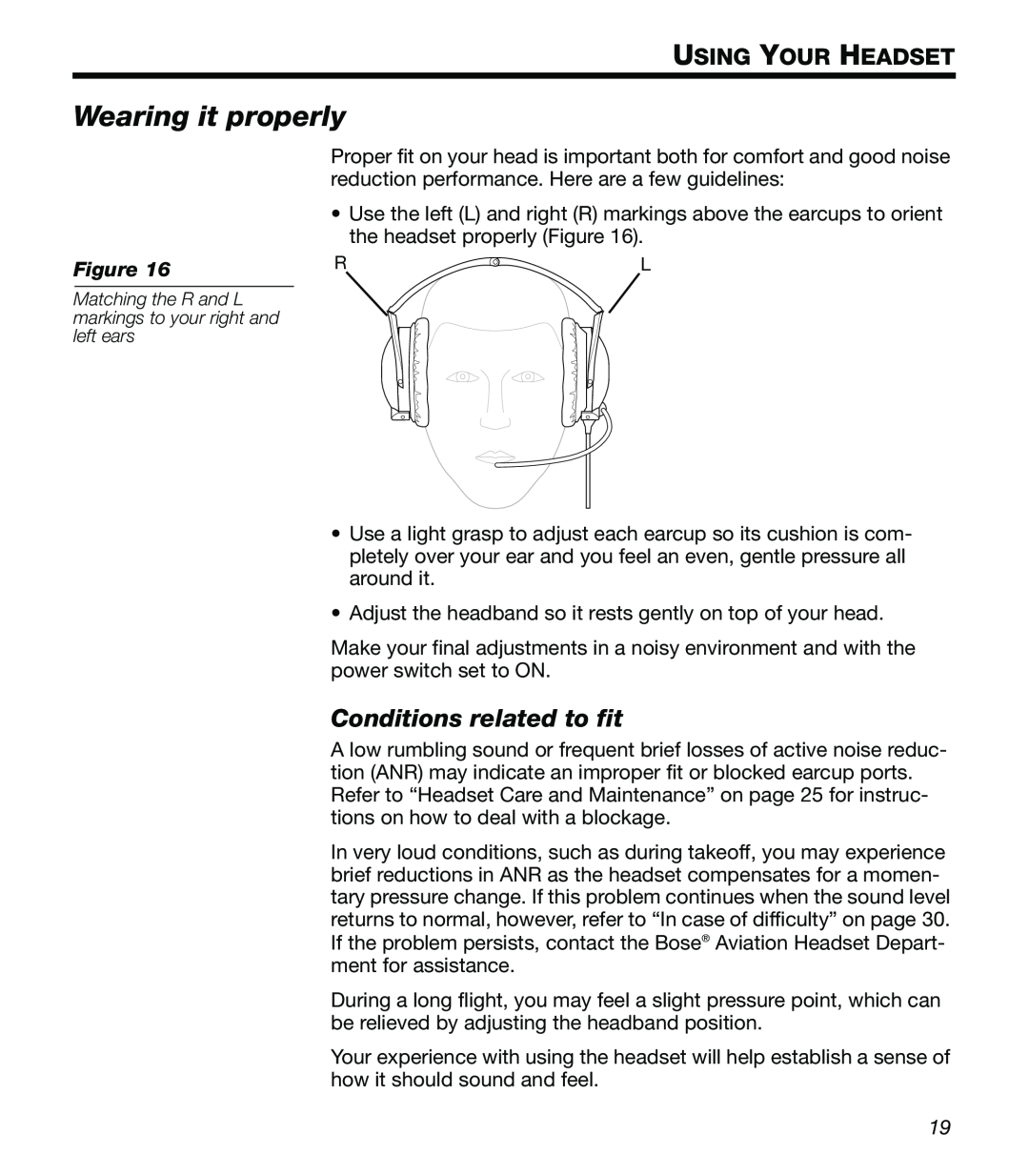 Bose X manual Wearing it properly, Conditions related to fit, Using Your Headset 