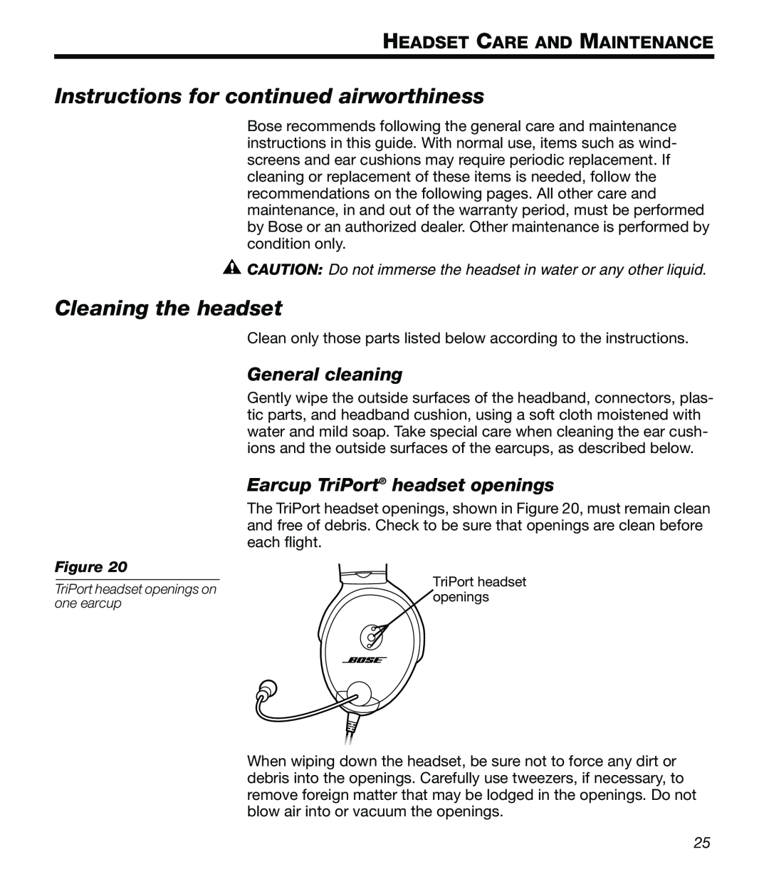 Bose X Instructions for continued airworthiness, Cleaning the headset, General cleaning, Earcup TriPort headset openings 