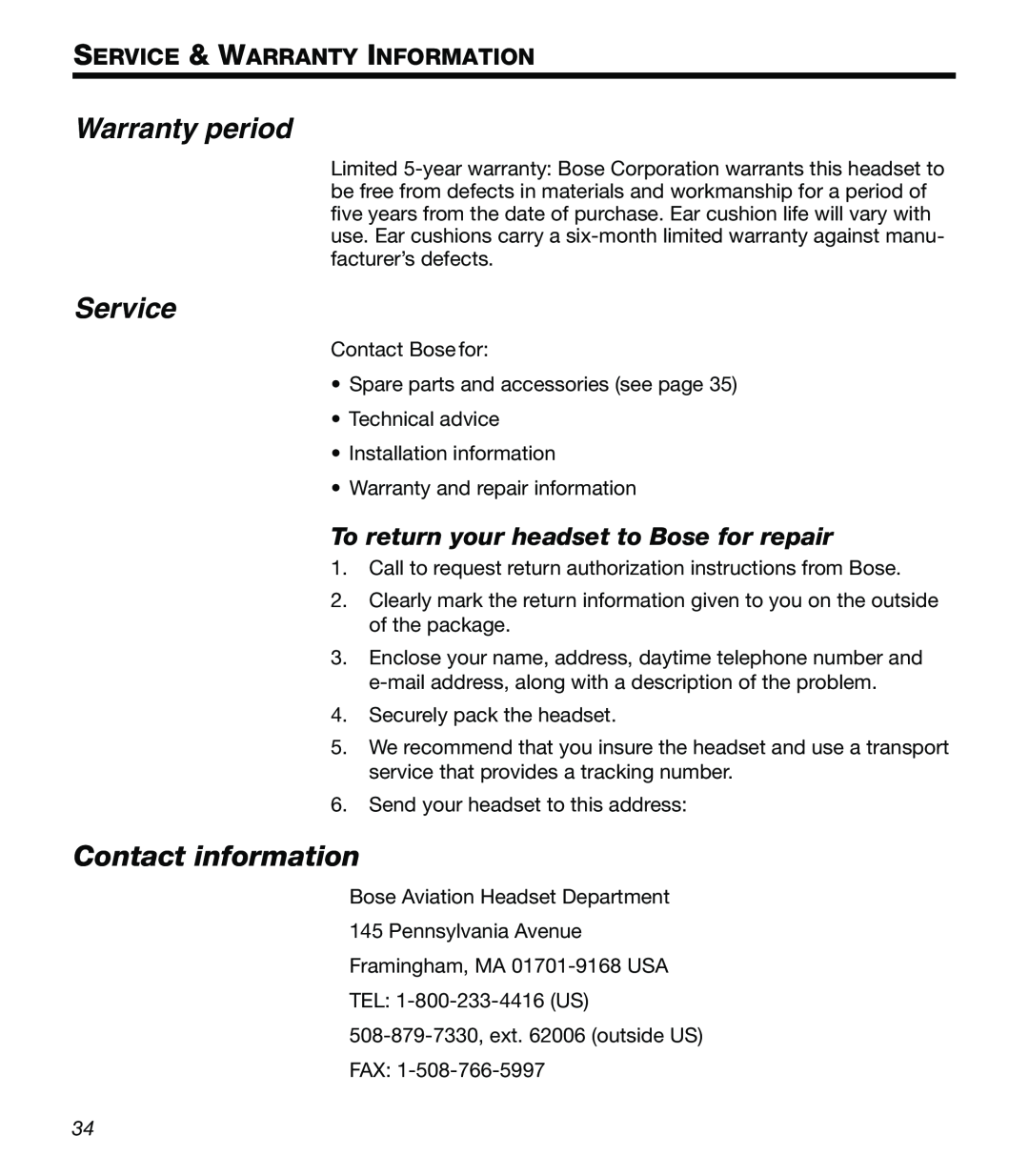 Bose X manual Warranty period, Service, Contact information, To return your headset to Bose for repair 