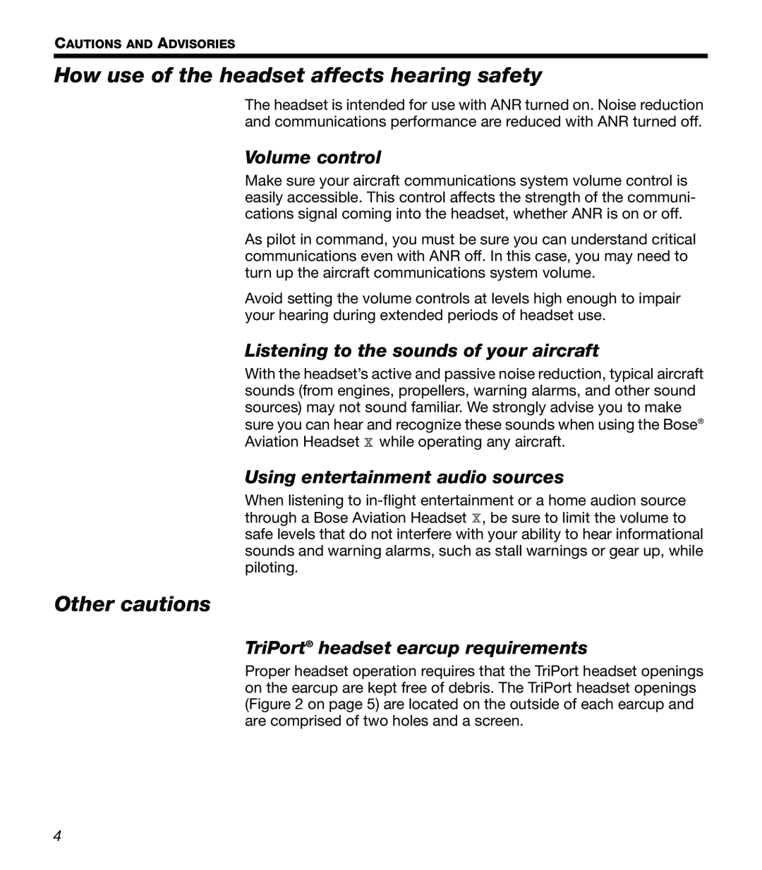 Bose X How use of the headset affects hearing safety, Other cautions, Volume control, Using entertainment audio sources 
