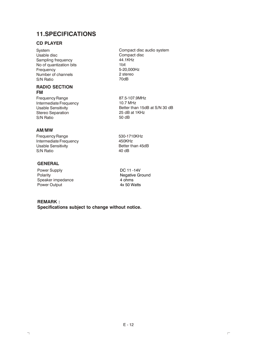 Boss Audio Systems 610C manual Specifications, CD Player 