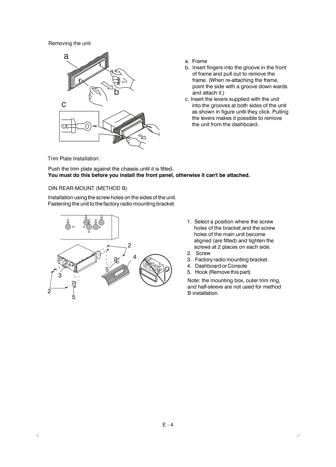 Boss Audio Systems 610C manual Removing the unit Trim Plate Installation, DIN REAR-MOUNT Method B 