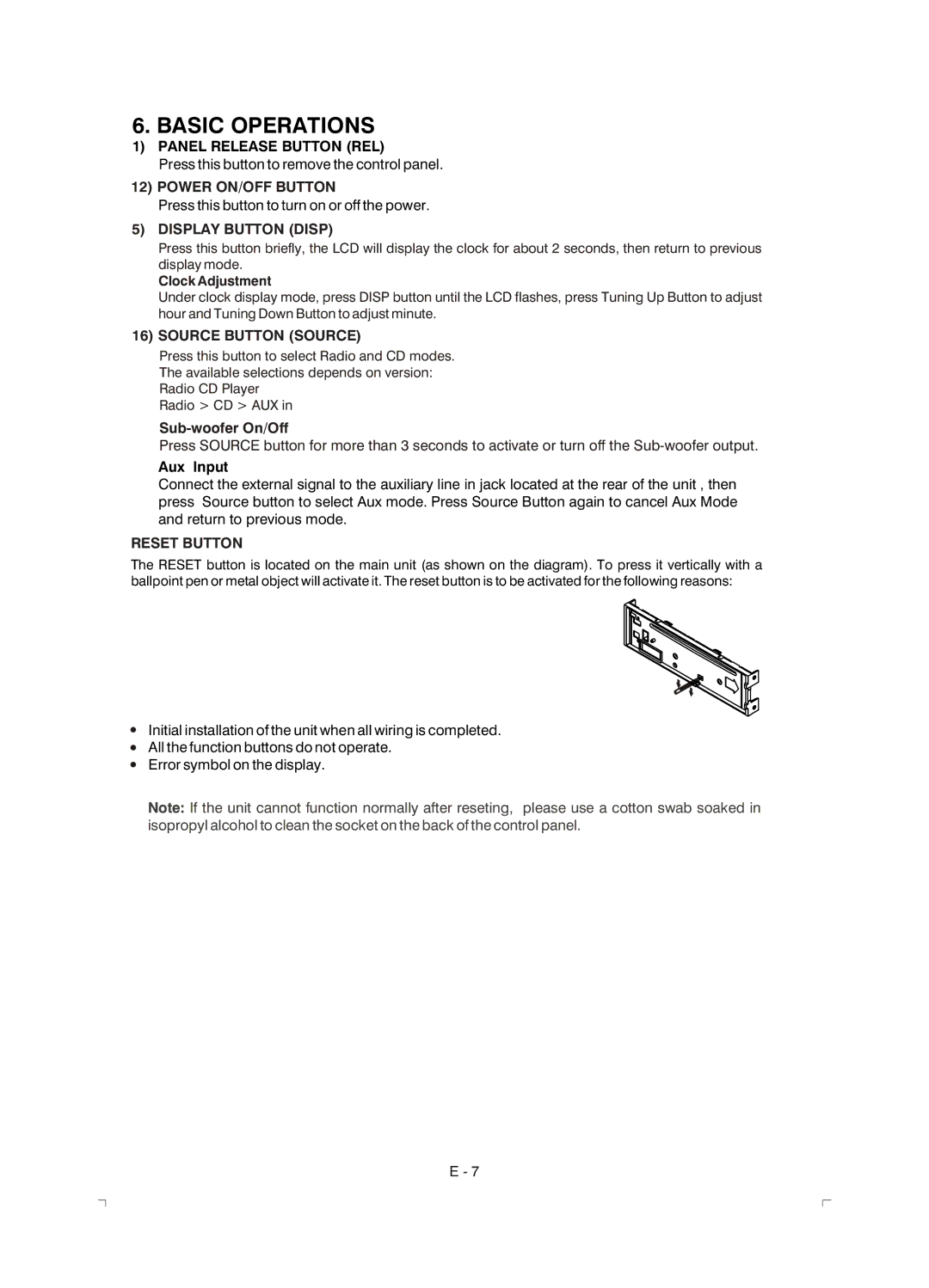 Boss Audio Systems 610C Basic Operations, Power ON/OFF Button, Display Button Disp, Source Button Source, Reset Button 