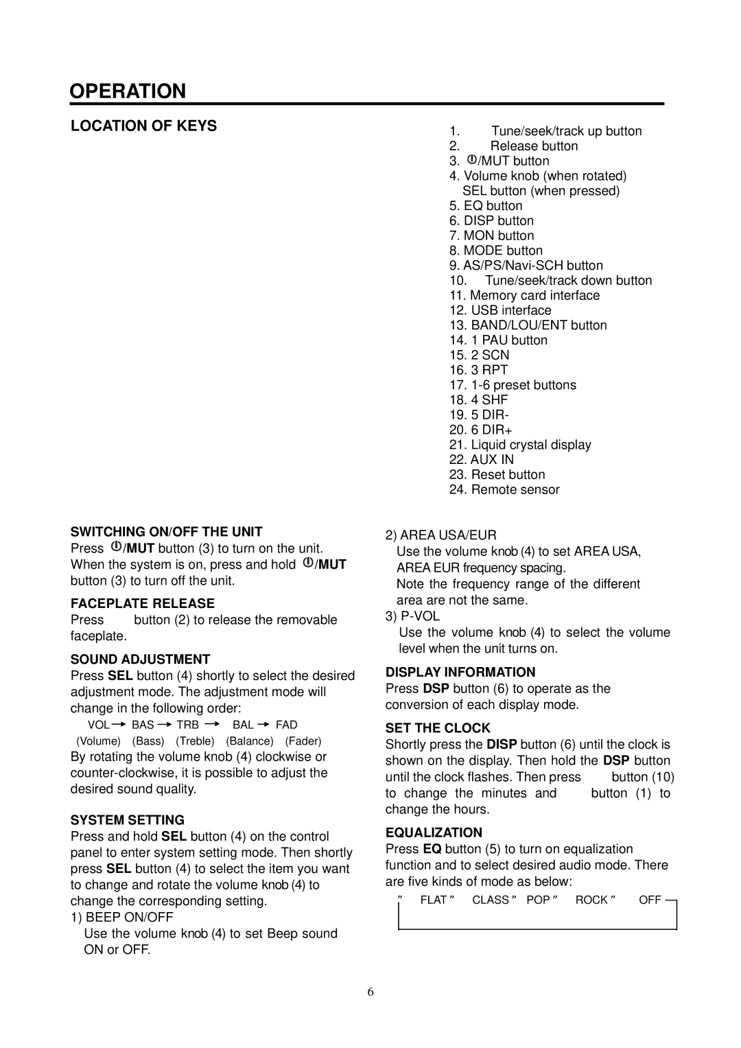 Boss Audio Systems 620UA manual Operation, Location of Keys 