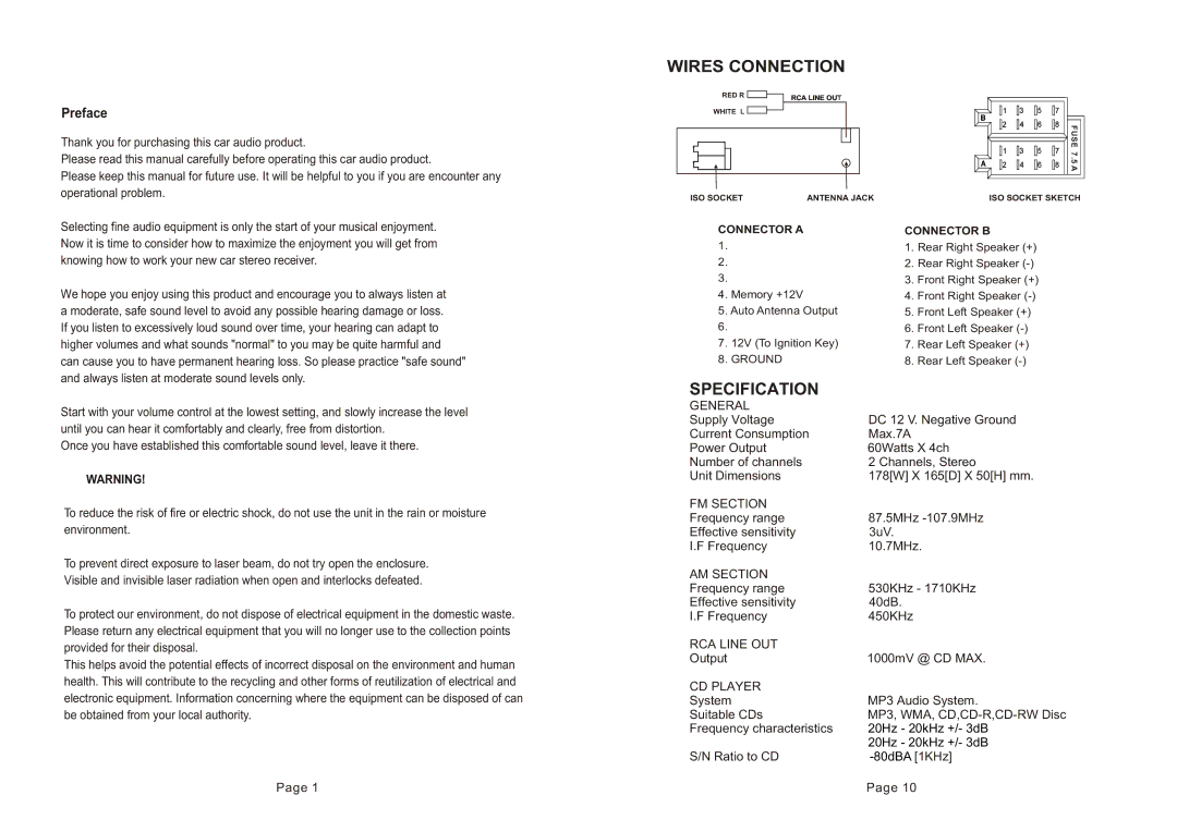 Boss Audio Systems 637UA manual Wires Connection, Specification 