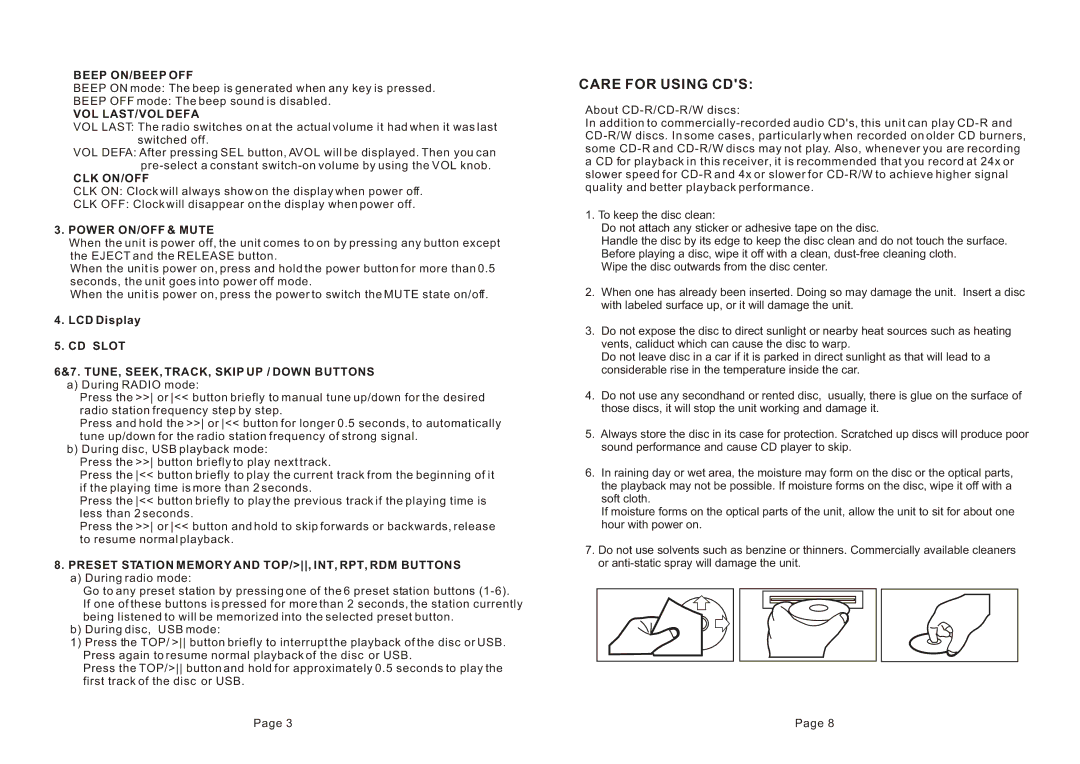 Boss Audio Systems 637UA manual Care for Using CDS 