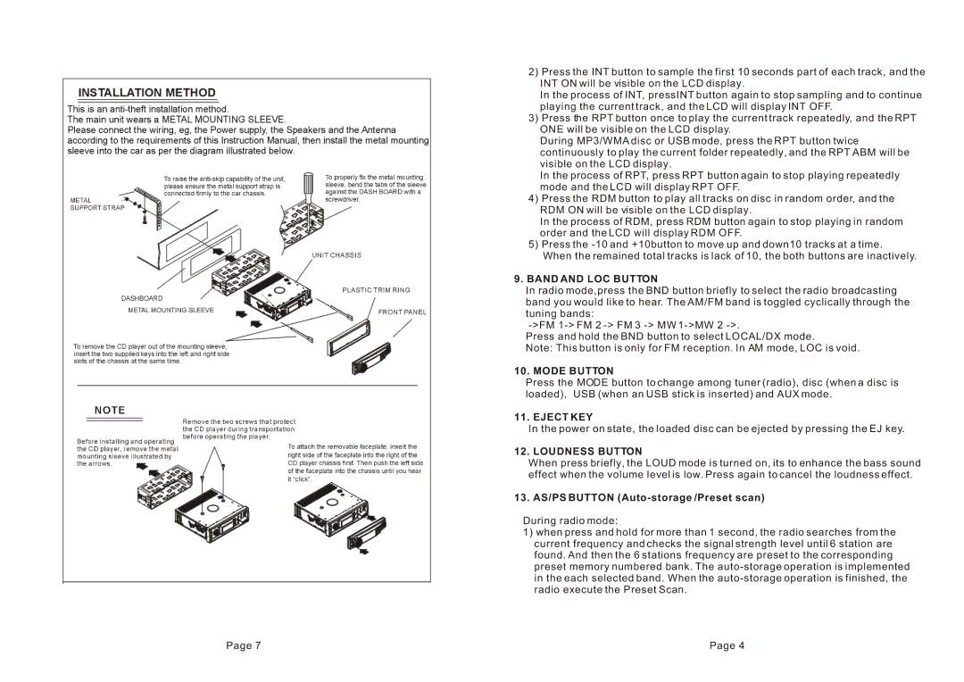 Boss Audio Systems 637UA manual Band and LOC Button, Mode Button, Eject KEY, Loudness Button 