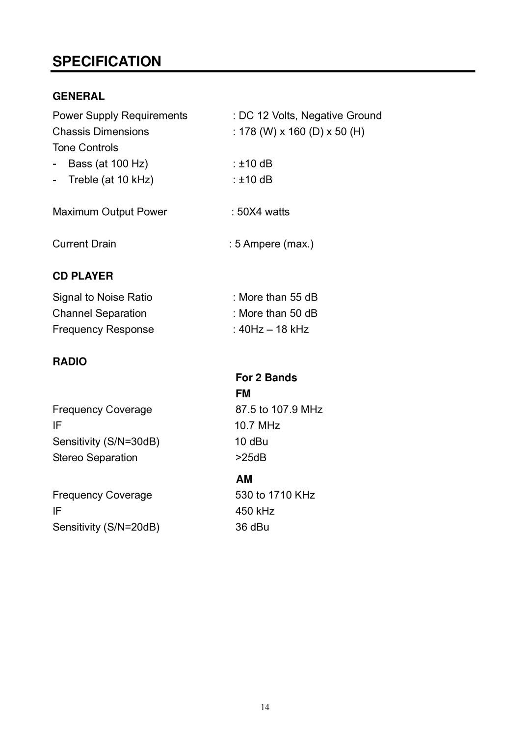 Boss Audio Systems 642CA manual Specification, General, CD Player, Radio, For 2 Bands 