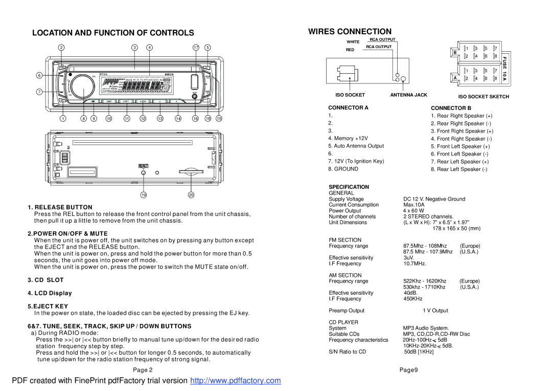 Boss Audio Systems 648UA user manual Release Button, Power ON/OFF & Mute, CD Slot, Eject KEY 