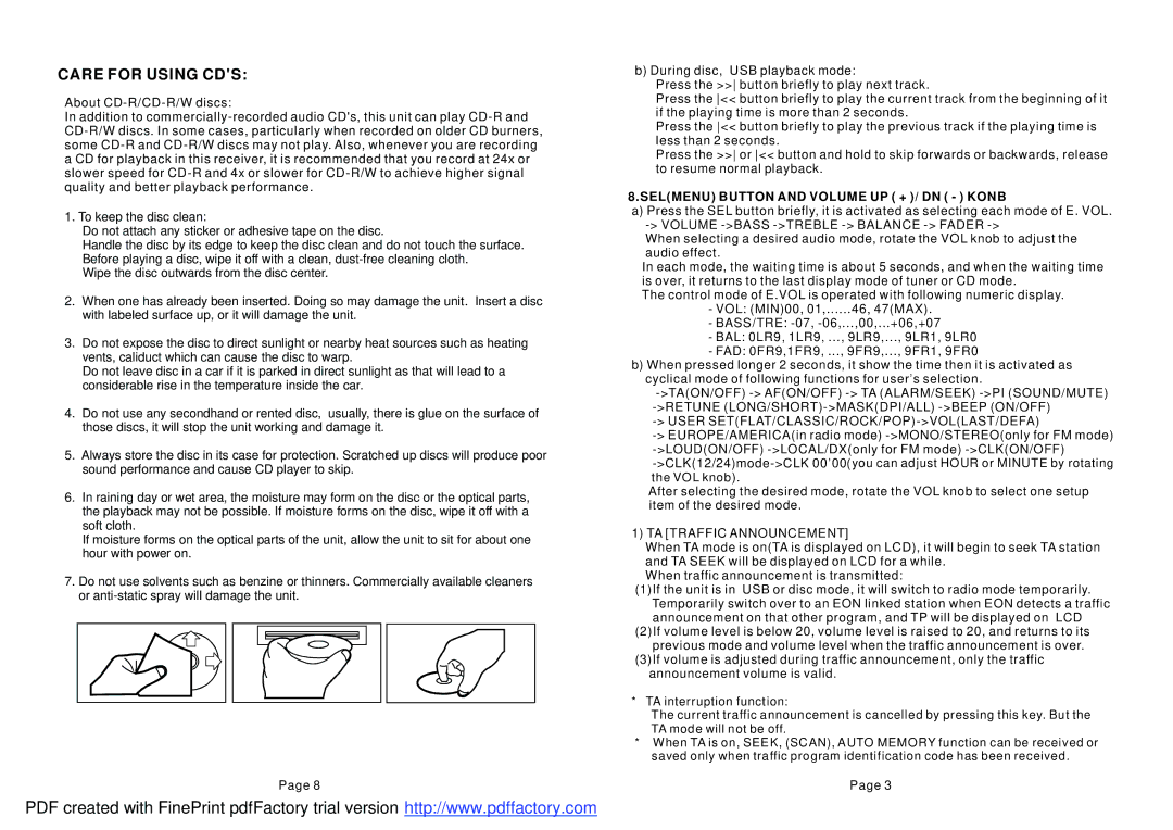 Boss Audio Systems 648UA user manual Care for Using CDS, Selmenu Button and Volume UP + / DN Konb, TA Traffic Announcement 