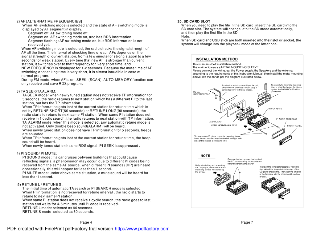 Boss Audio Systems 648UA user manual AF Alternative Frequencies, Installation Method, TA SEEK/TA Alarm, PI SOUND/ PI Mute 