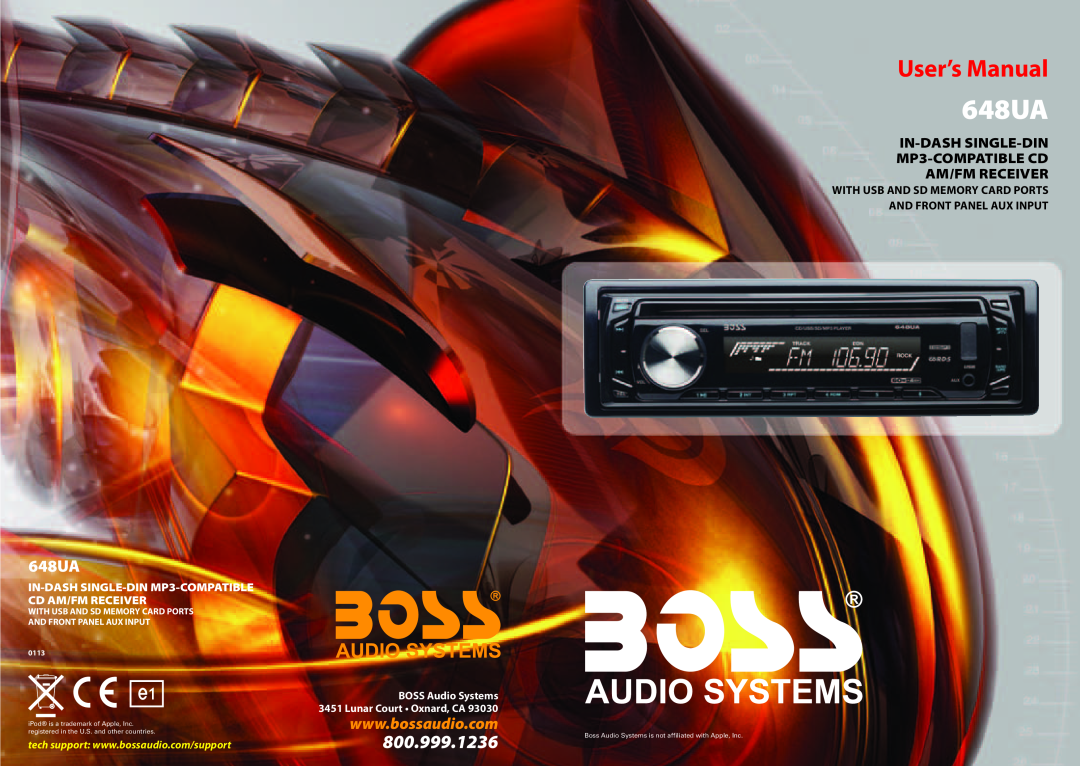 Boss Audio Systems 648UA user manual IN-DASH SINGLE-DIN MP3-COMPATIBLECD, Am/Fm Receiver, And Front Panel Aux Input, 0113 