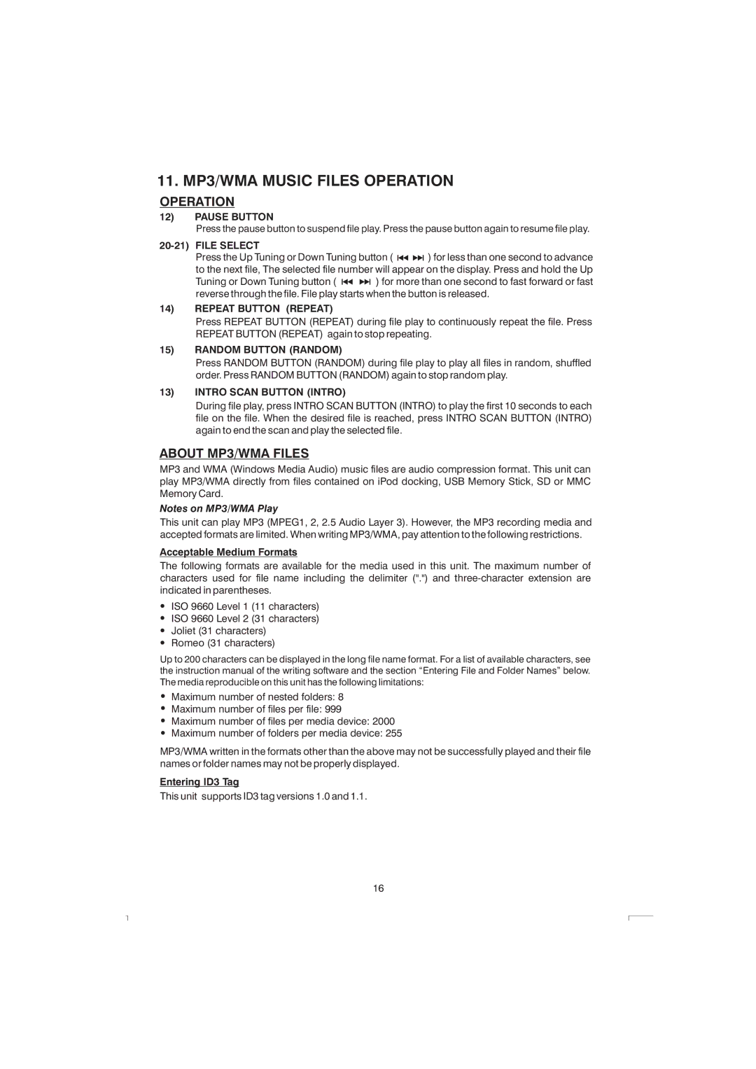 Boss Audio Systems 765DBI manual 11. MP3/WMA Music Files Operation, About MP3/WMA Files 