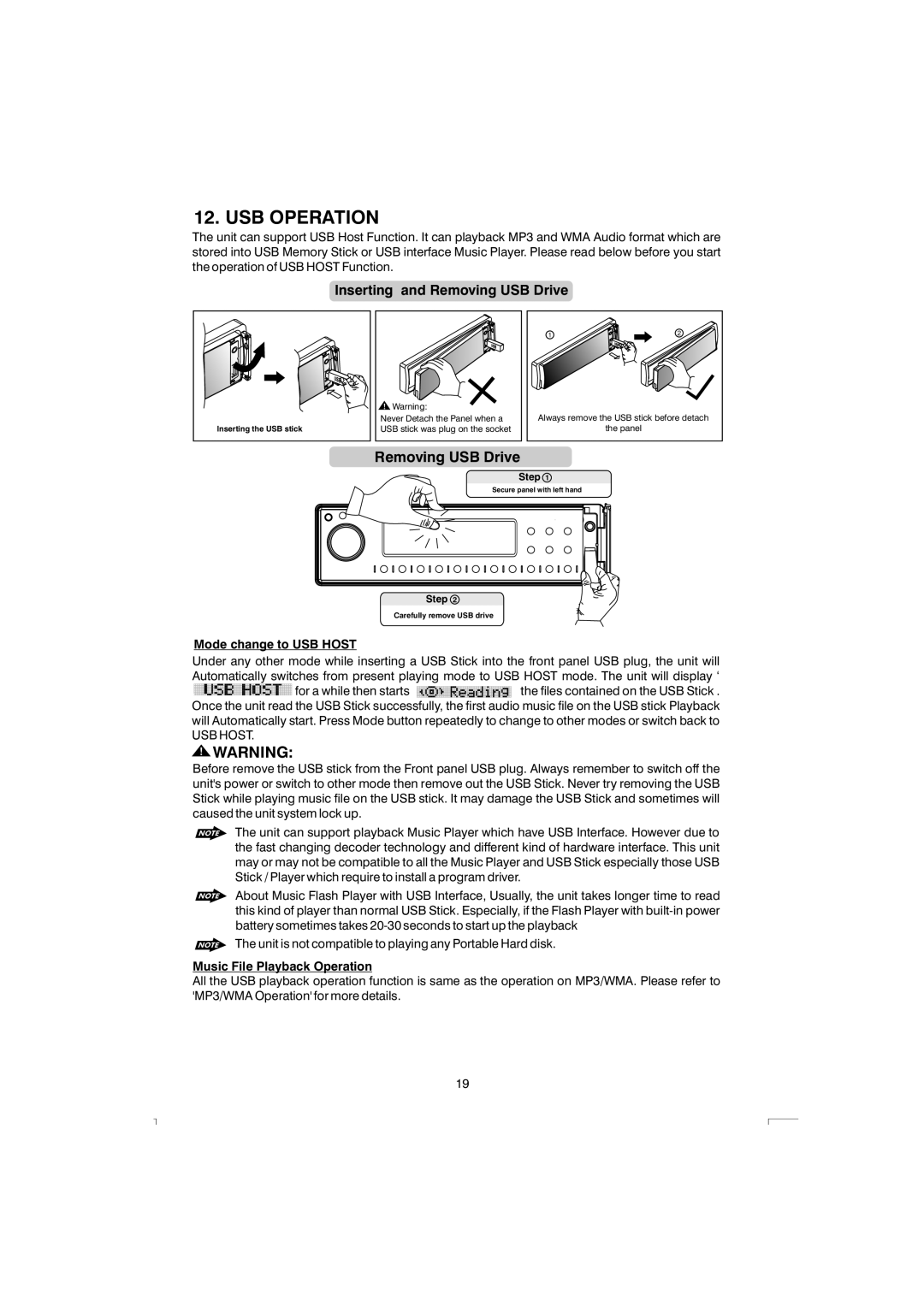 Boss Audio Systems 765DBI manual USB Operation, Removing USB Drive, Mode change to USB Host, Music File Playback Operation 