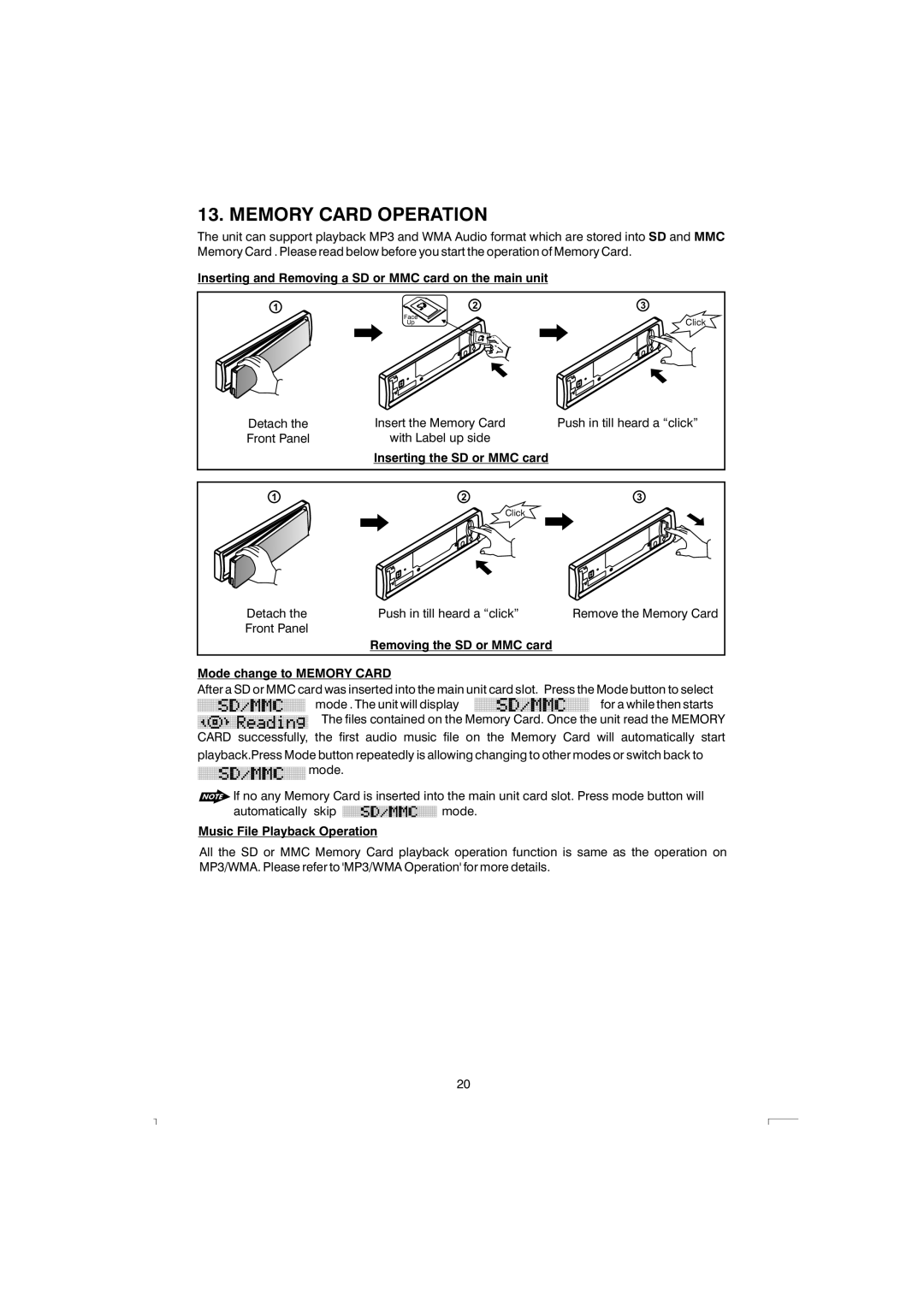 Boss Audio Systems 765DBI manual Memory Card Operation, Inserting and Removing a SD or MMC card on the main unit 