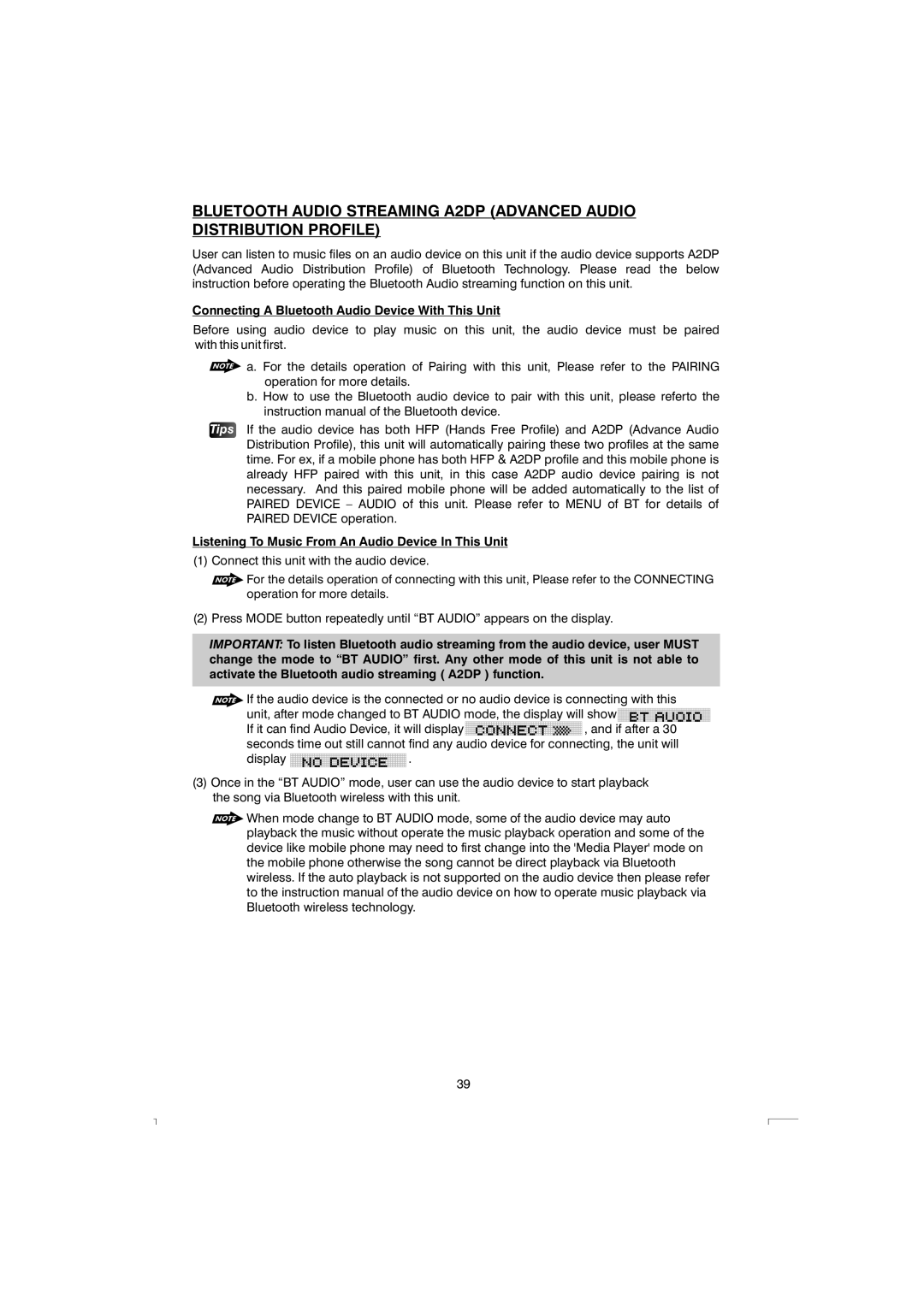 Boss Audio Systems 765DBI manual Connecting a Bluetooth Audio Device With This Unit 