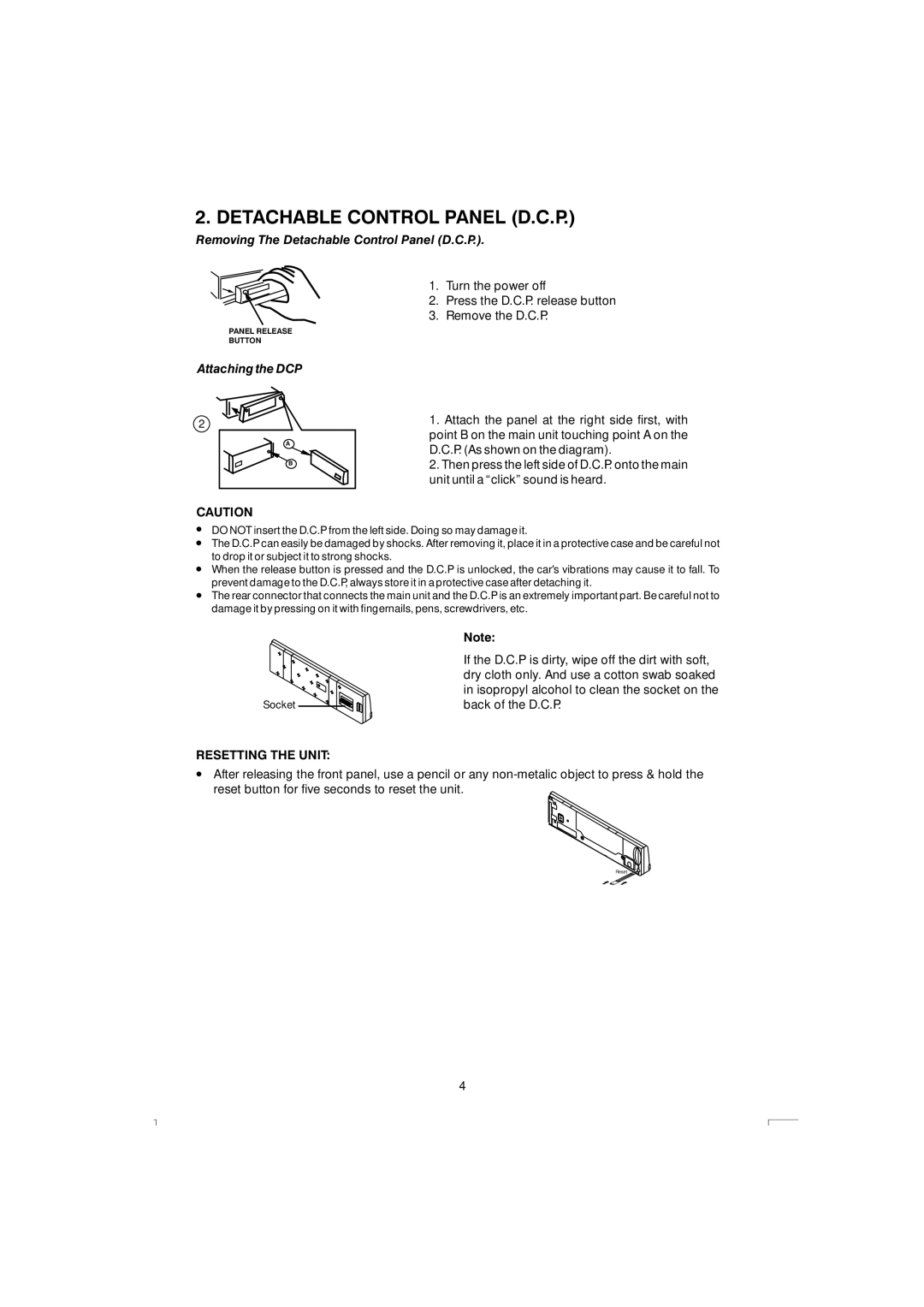 Boss Audio Systems 765DBI manual Detachable Control Panel D.C.P, Resetting the Unit 