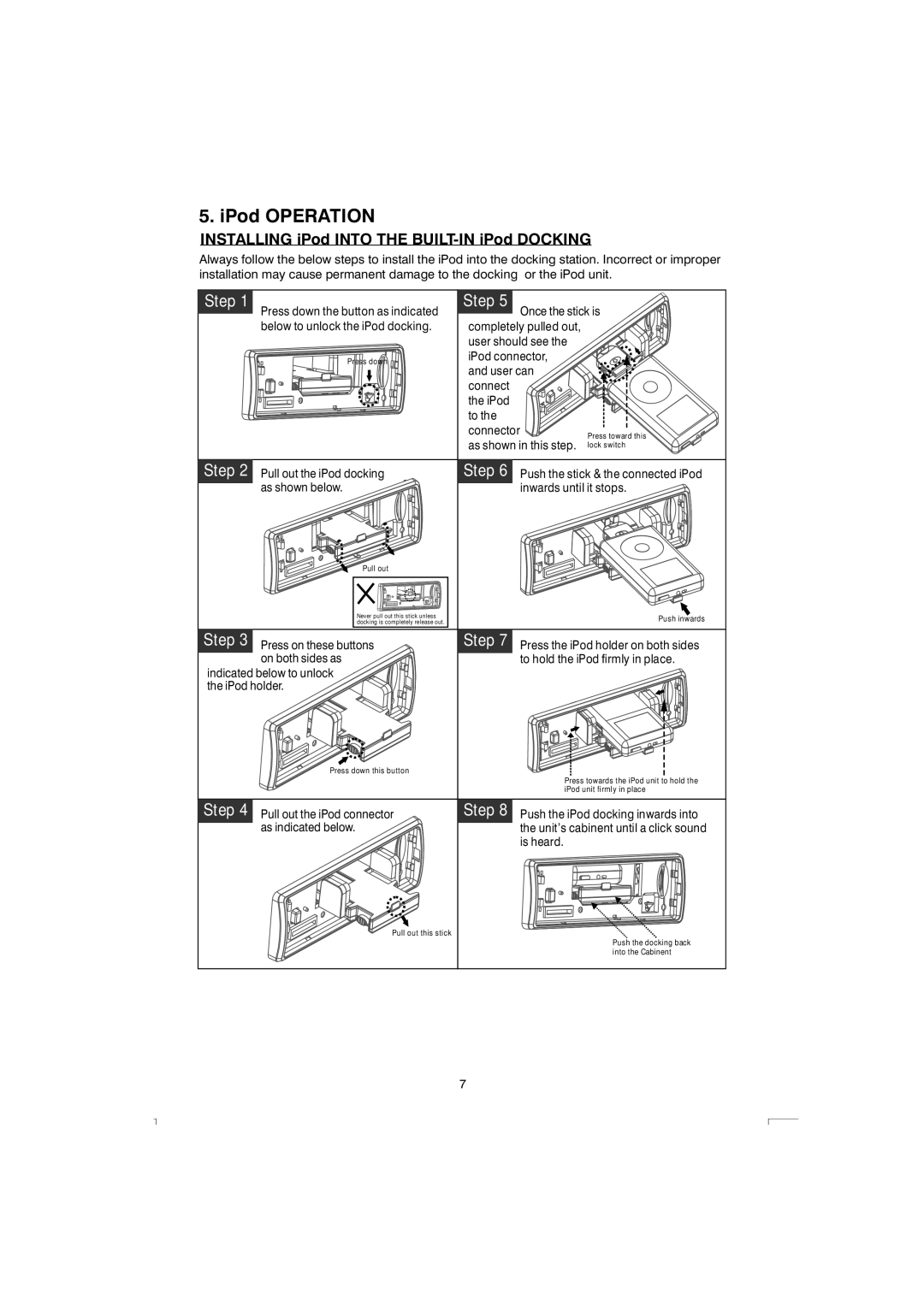 Boss Audio Systems 765DBI manual IPod Operation, Installing iPod Into the BUILT-IN iPod Docking 