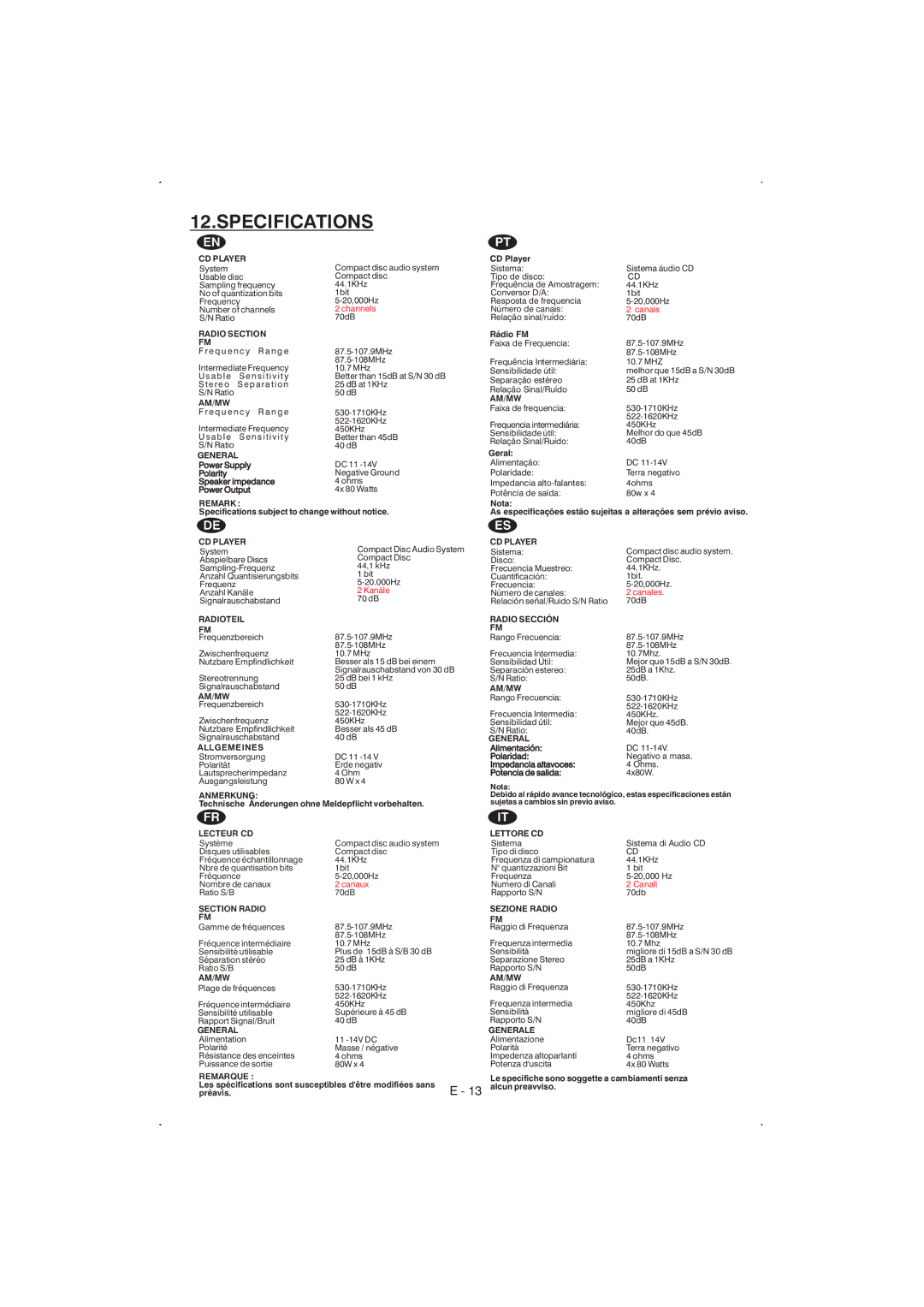 Boss Audio Systems 815ca manual Specifications, CD Player 