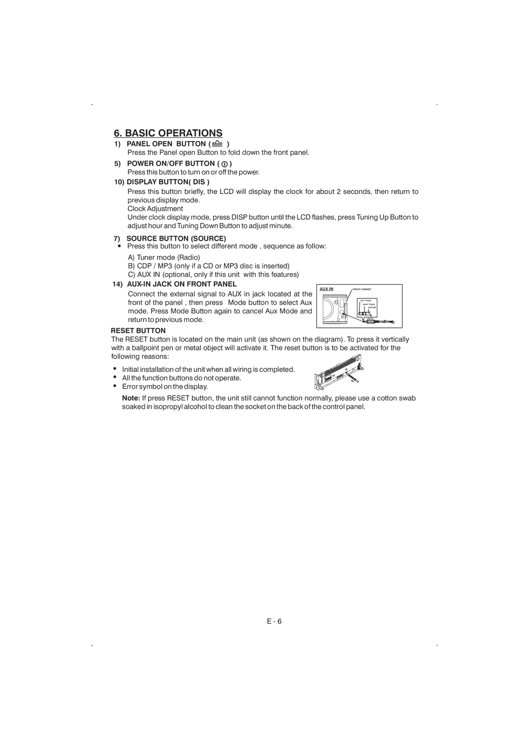 Boss Audio Systems 815ca Panel Open Button, Power ON/OFF Button, Display Button DIS, Source Button Source, Reset Button 