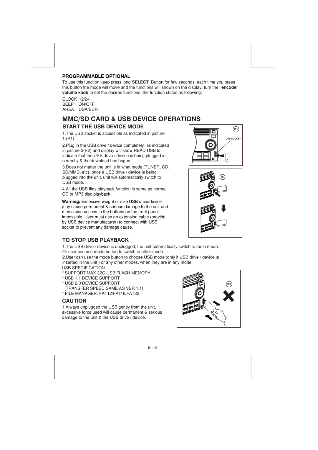 Boss Audio Systems 822UA manual MMC/SD Card & USB Device Operations, Beep ON/OFF Area USA/EUR 