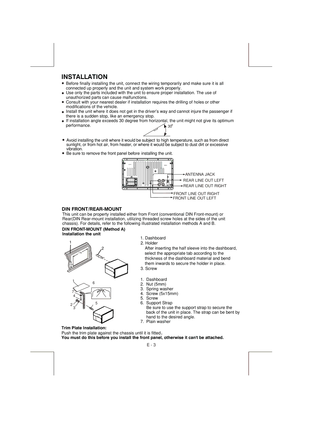 Boss Audio Systems 822UA manual DIN FRONT-MOUNT Method a Installation the unit, Trim Plate Installation 