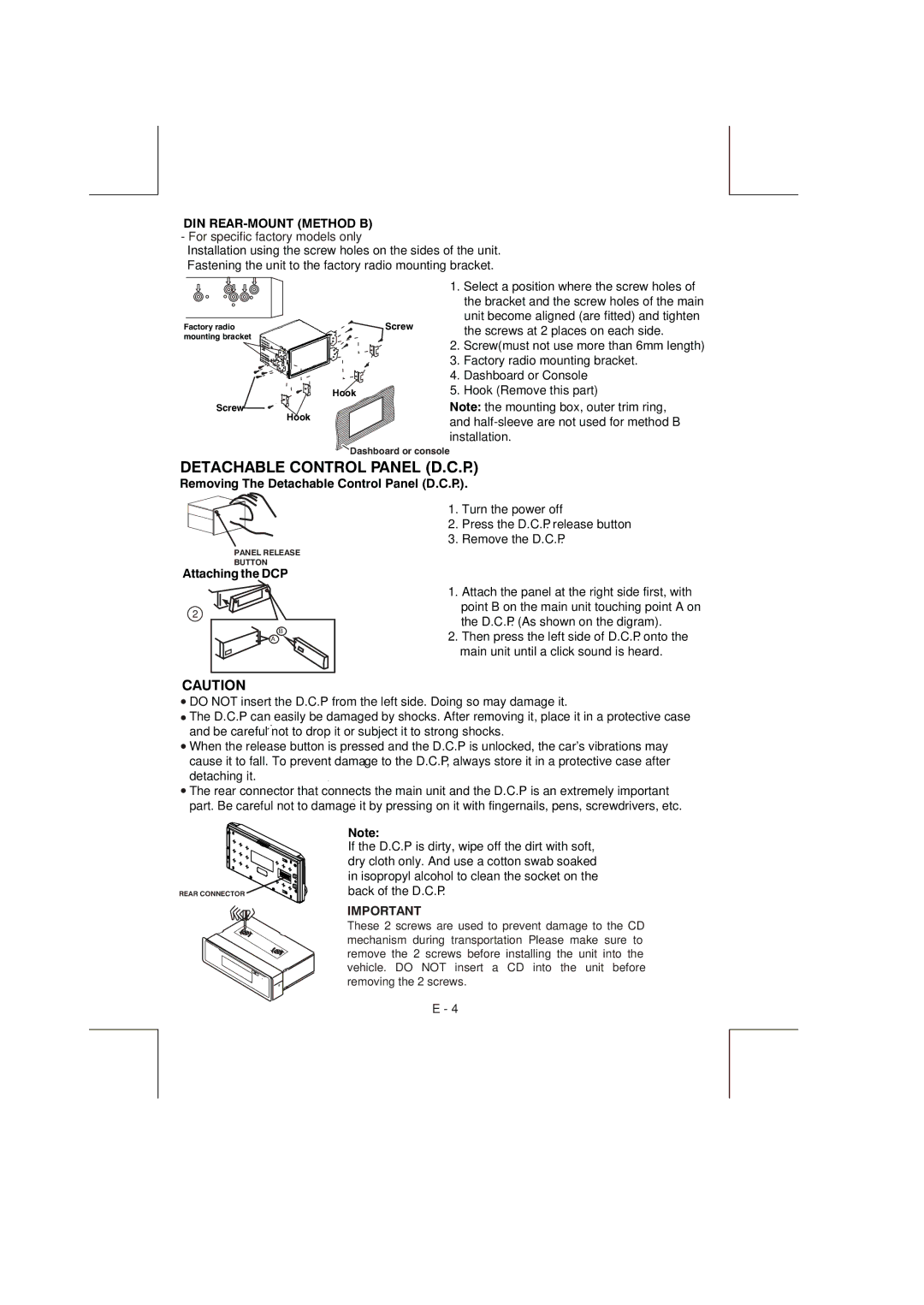 Boss Audio Systems 822UA manual DIN REAR-MOUNT Method B, Removing The Detachable Control Panel D.C.P, Attaching the DCP 