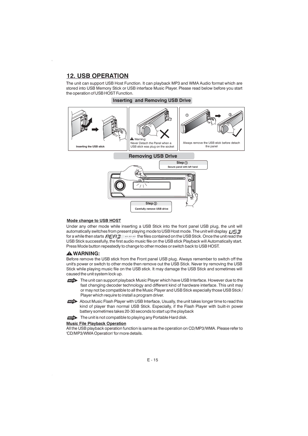 Boss Audio Systems 835ui manual USB Operation, Mode change to USB Host, Music File Playback Operation 