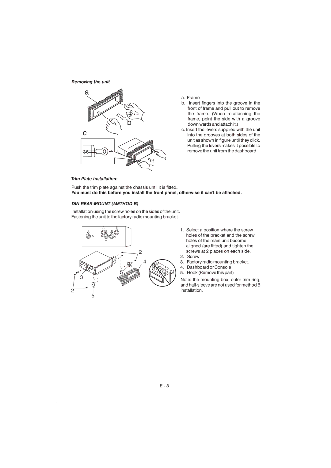 Boss Audio Systems 835ui manual Removing the unit Trim Plate Installation, DIN REAR-MOUNT Method B 