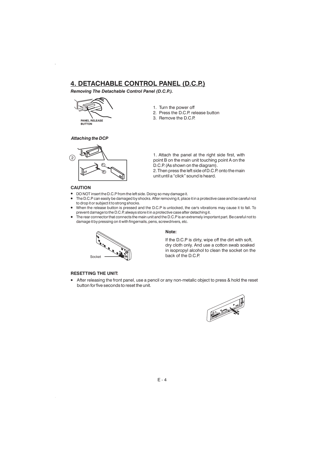 Boss Audio Systems 835ui manual Removing The Detachable Control Panel D.C.P, Attaching the DCP, Resetting the Unit 