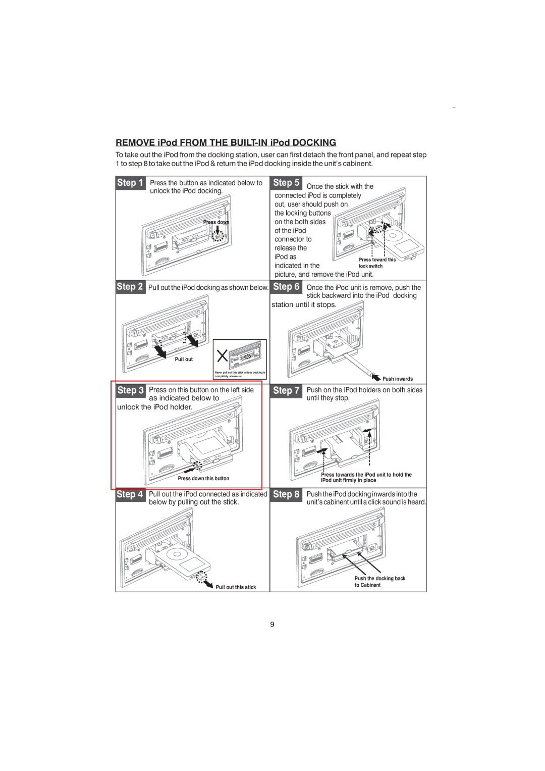 Boss Audio Systems 865DBI manual Remove iPod from the BUILT-IN iPod Docking, Below by pulling out the stick 