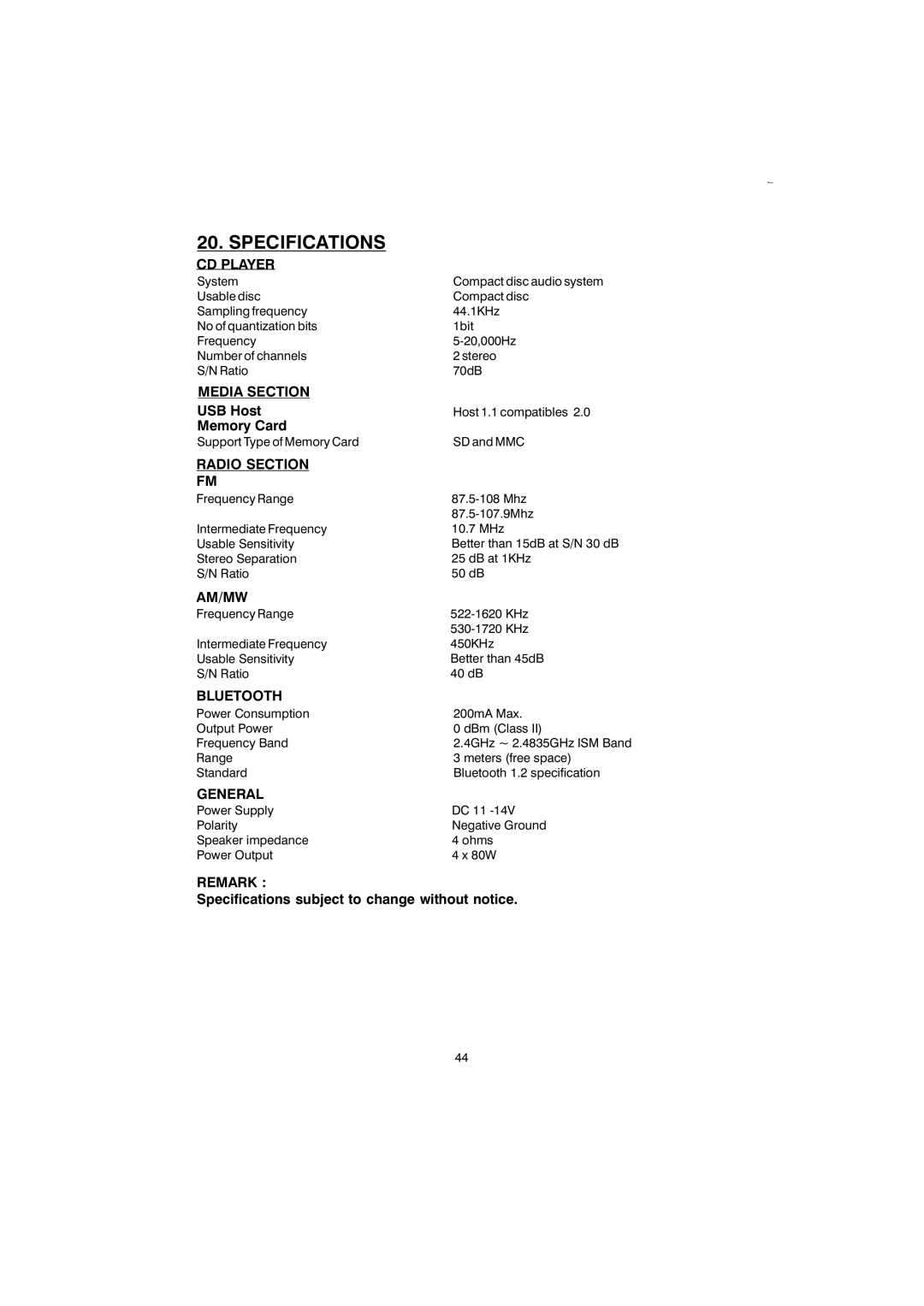 Boss Audio Systems 865DBI manual Specifications, CD Player 