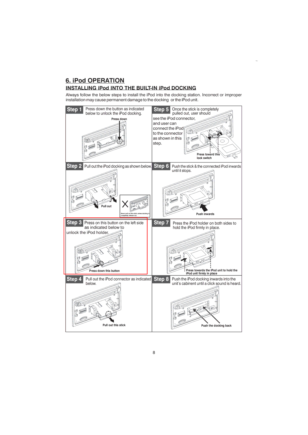 Boss Audio Systems 865DBI manual IPod Operation, Installing iPod Into the BUILT-IN iPod Docking 