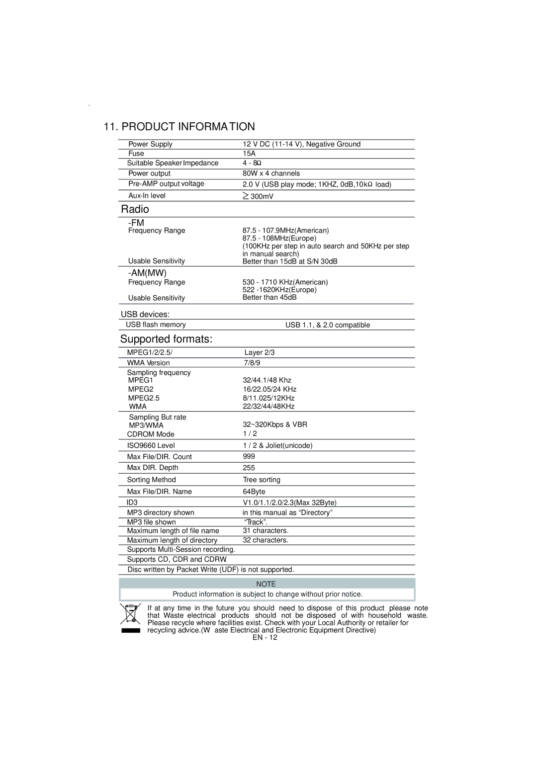 Boss Audio Systems 870DBI manual Product Information, Radio 