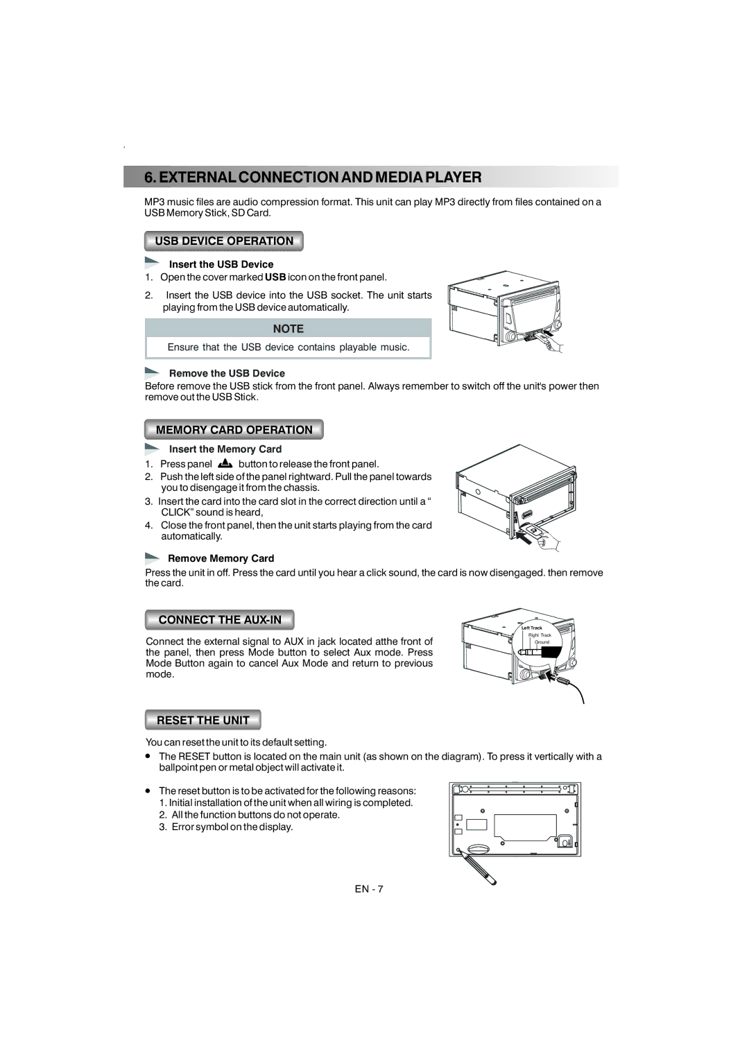 Boss Audio Systems 870DBI manual External Connection and Media Player, USB Device Operation 