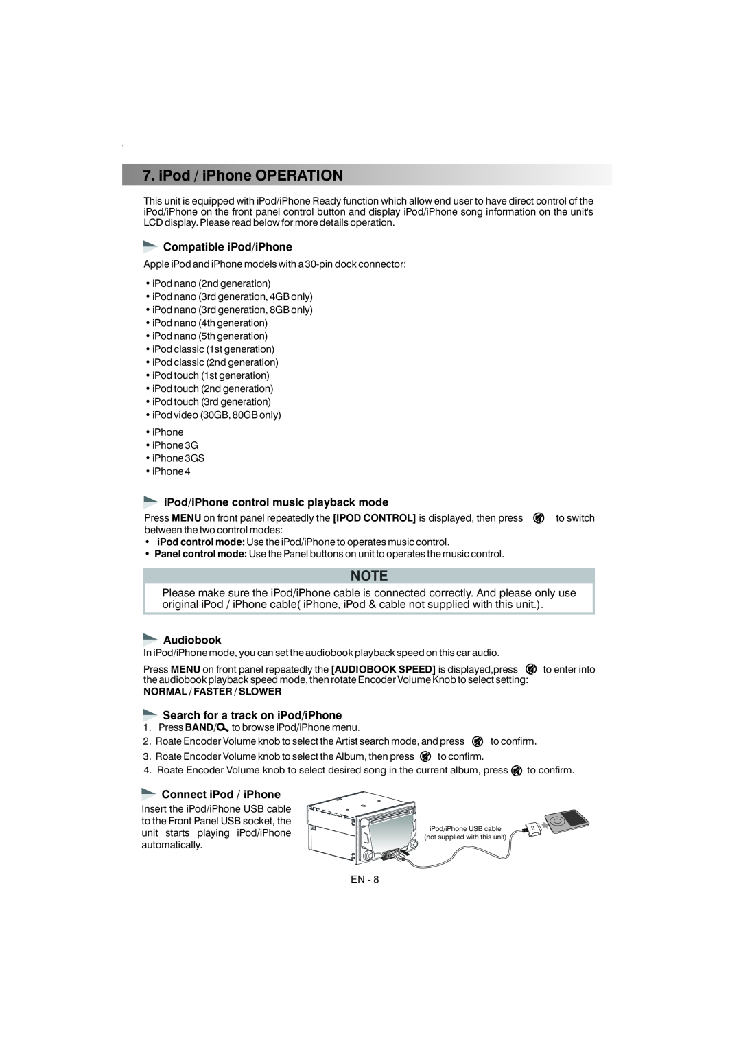 Boss Audio Systems 870DBI manual iPod / iPhone OPERATION, Compatible iPod/iPhone, iPod/iPhone control music playback mode 