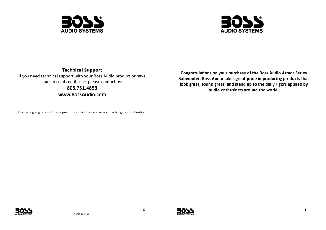 Boss Audio Systems AR10D manual Technical Support, 805.751.4853 