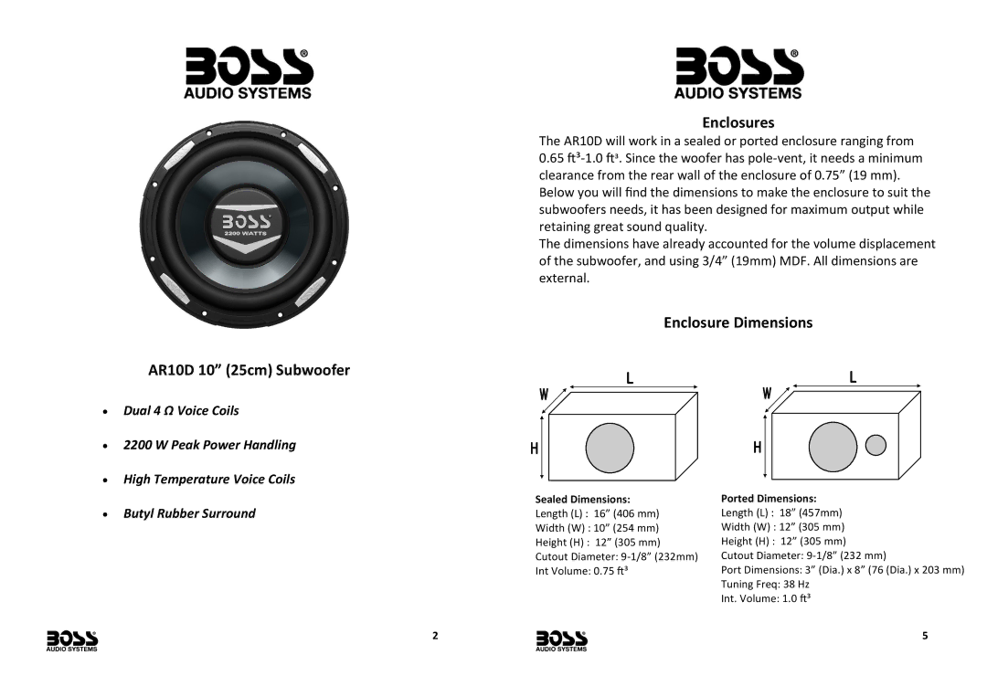 Boss Audio Systems Enclosures, Enclosure Dimensions AR10D 10 25cm Subwoofer, ∙ Butyl Rubber Surround, Sealed Dimensions 