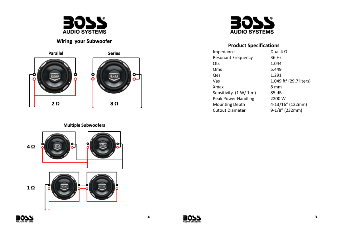 Boss Audio Systems AR10D manual Wiring your Subwoofer, 4 Ω 1 Ω, Product Specifications 